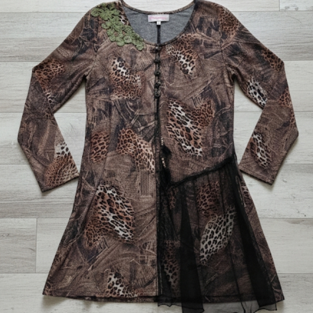 Pretty Angel Linen Blend Animal Print Mesh Long Sleeve Midi Dress Tunic Abstract